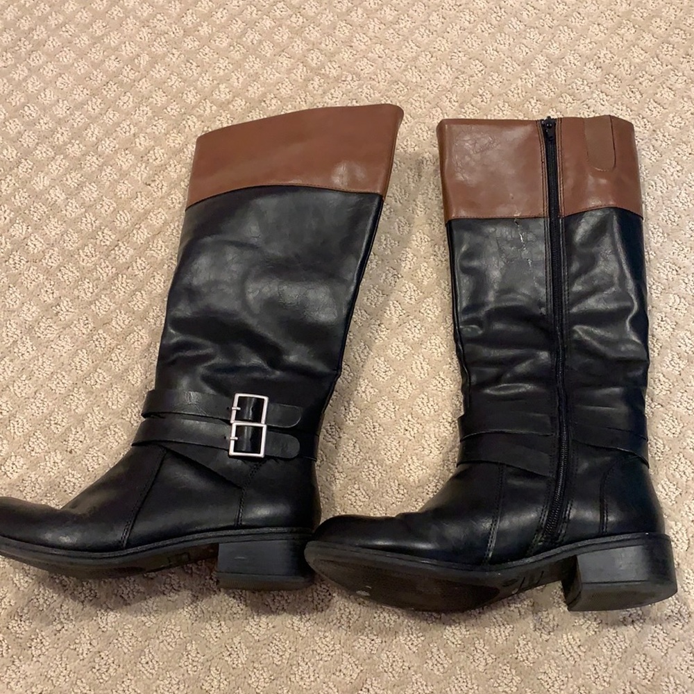 Brown and black leather boots